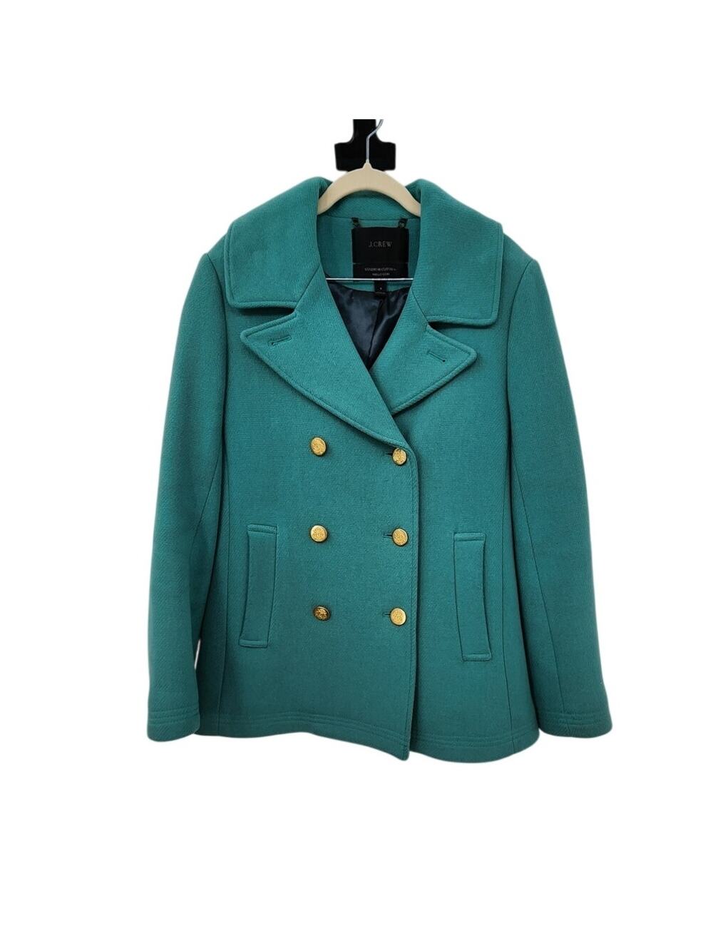 J. CREW Stadium Cloth Blazer Pea Coat‎ Double Breasted Size 8 Green Gold Button